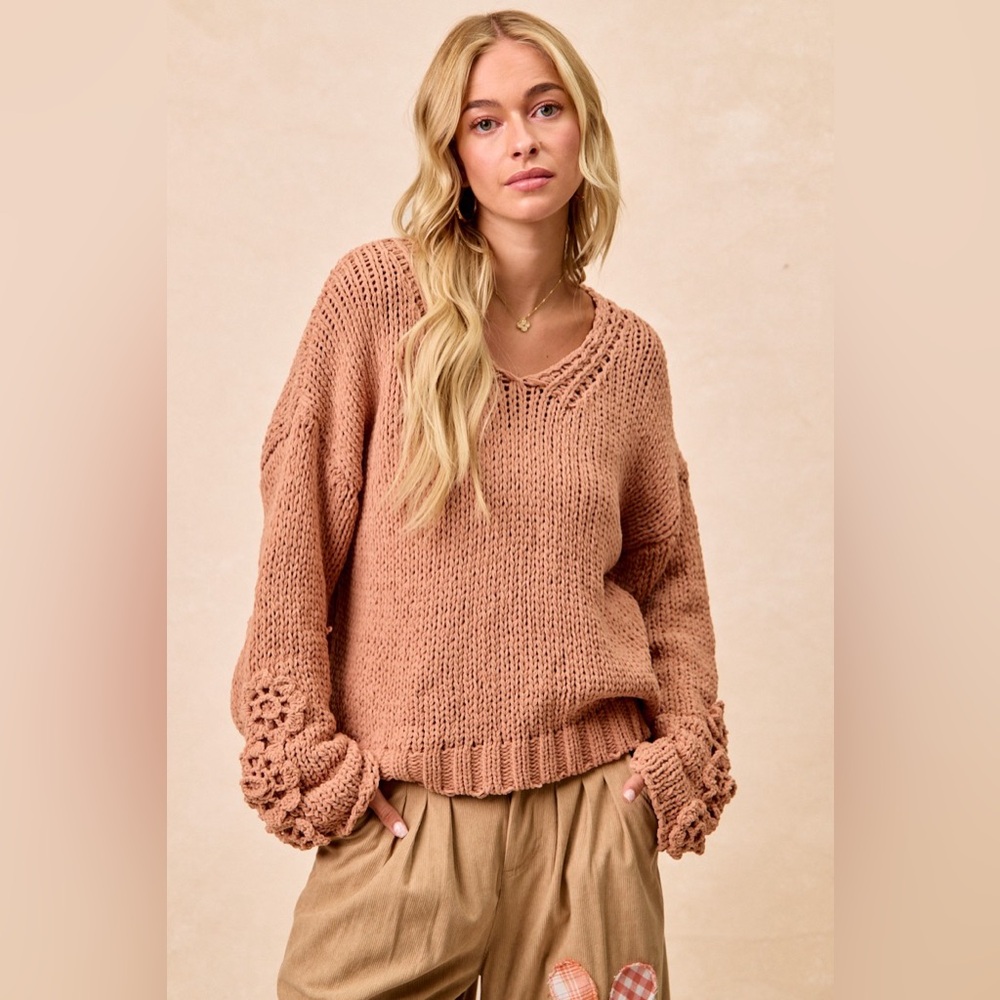 BiBi Chunky Knit Sweater with Flower Detail Sleeves🆕
